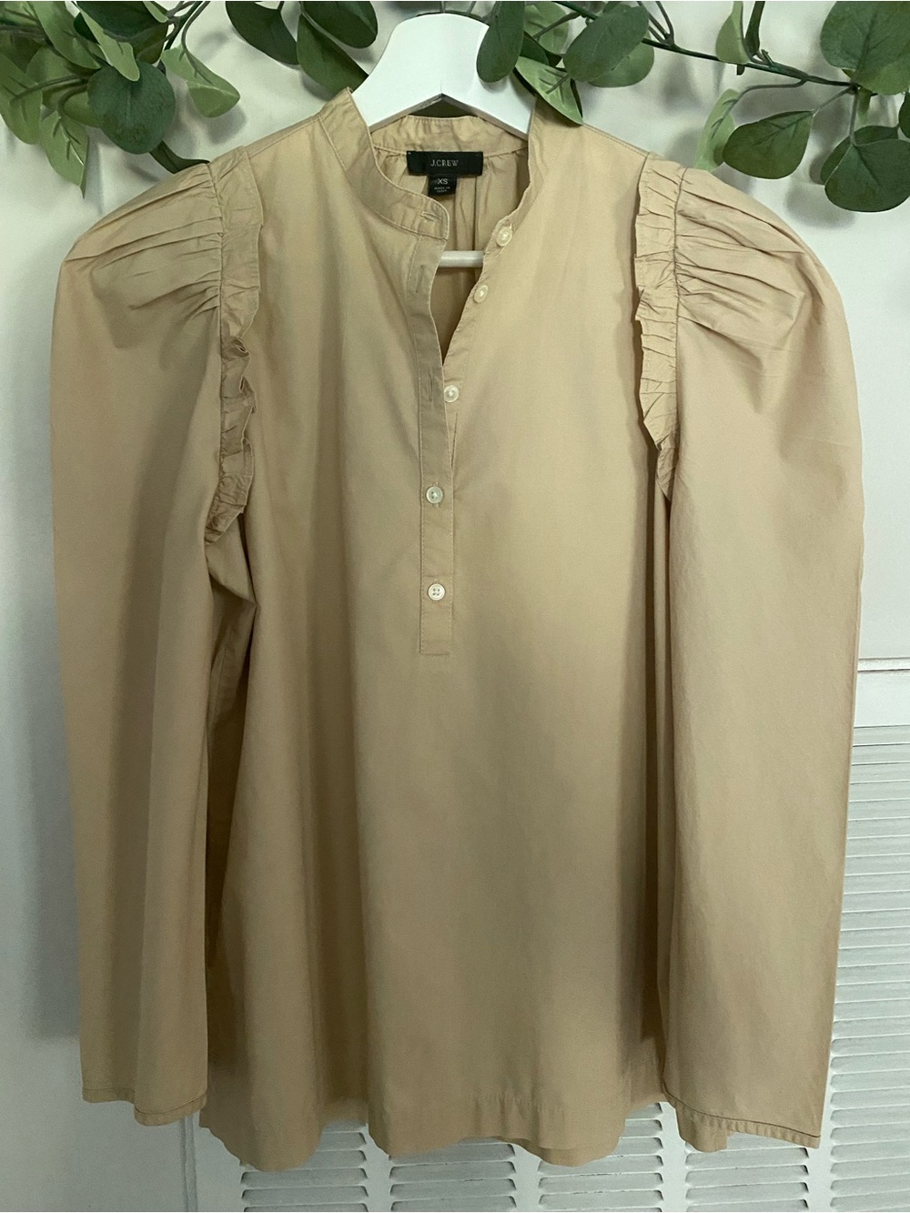 J. Crew Beige Ruffle-Trim Puff Sleeve Button-Front Blouse